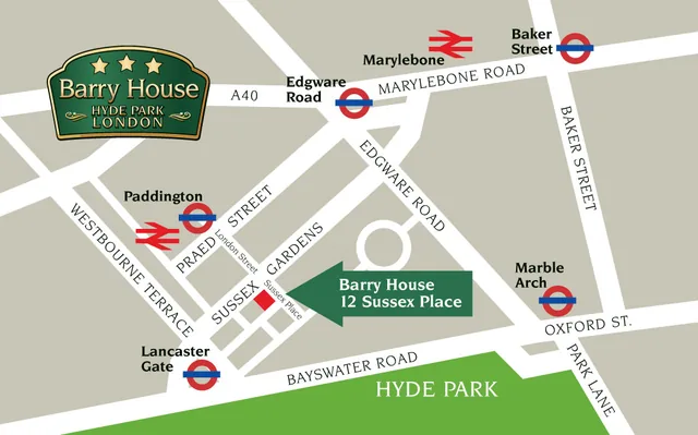 Street map: Barry House at 12 Sussex Place, between Paddington Station and Hyde Park
